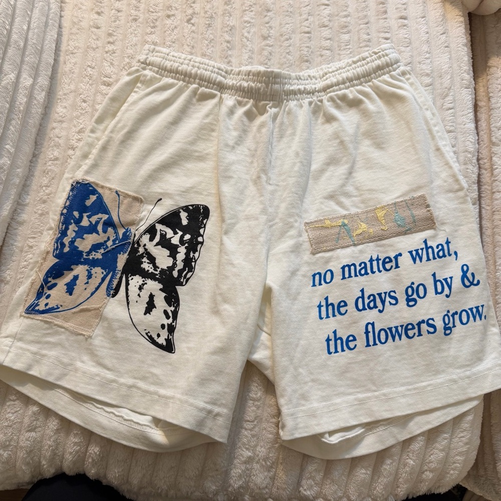 Los Angeles Apparel White Athletic Shorts with Blue Butterfly Design